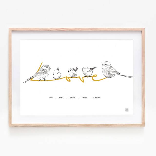 Personalized Birds Love Poster, Family, 1 To 4 Children + 2 Parents, Different Colors Available - image 1