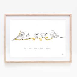 Personalized Birds Love Poster, Family, 1 To 4 Children + 2 Parents, Different Colors Available - thumbnail 1