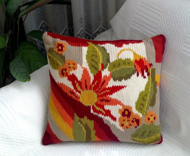 Hand Embroidered Pillow Cover Wool Floral Multicolored Flower Throw - image 1