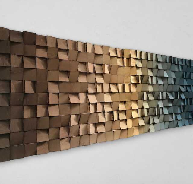 Wood Wall Art - Handmade Sound Diffuser Brown Gold Blue Decor - image 1