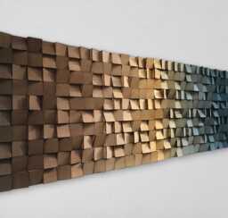 Wood Wall Art - Handmade Sound Diffuser Brown Gold Blue Decor - thumbnail 1