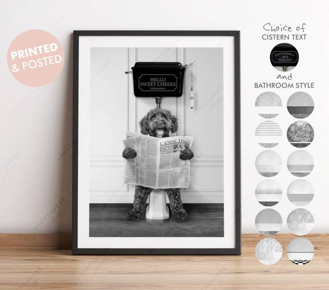 Black & White Print Chocolate Brown Cockapoo Dog On Toilet With Newspaper, Victorian Toilet, Funny Bathroom Print, Animal Paper - image 1