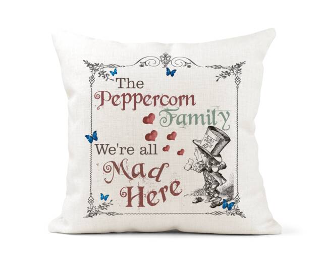 Alice in Wonderland Cushion. Personalised Family Name, We're All Mad Here.. Mad Hatter. Vintage Gift - image 1