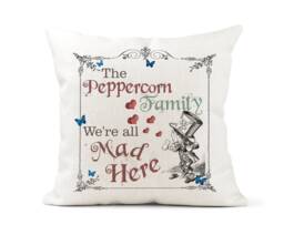 Alice in Wonderland Cushion. Personalised Family Name, We're All Mad Here.. Mad Hatter. Vintage Gift - thumbnail 1