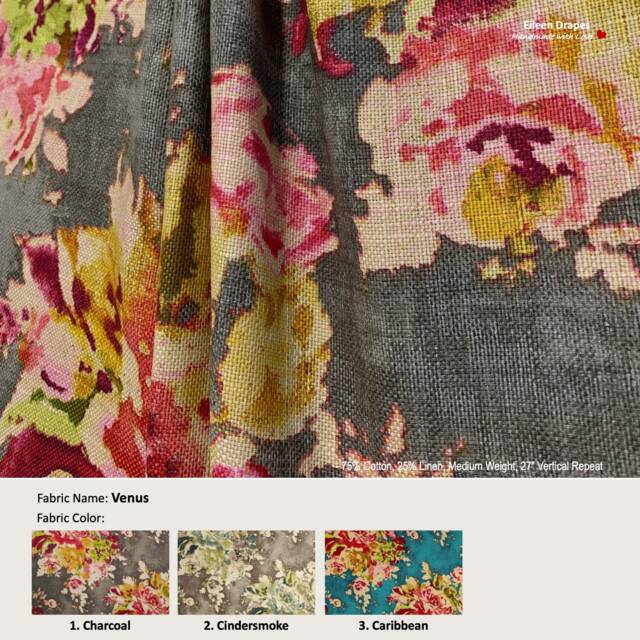 Venus 3 Colors Impressionistic Floral Cynthia Watercolor Flower Linen Blend Curtain, Valance Pleated, Lined Drapery Offered As Upgrades - image 1