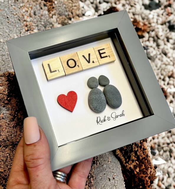 Valentine Gift Personalised Pebble Art Couple Picture, Romantic Anniversary For Him Or Her, Handmade Love Picture - image 1