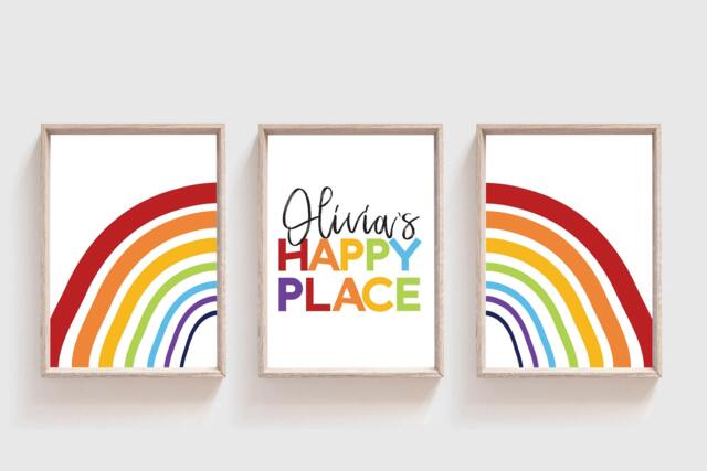 Set Of 3 Rainbow Prints, Wall Art, Girls Nursery Boys Happy Place, Bedroom Prints - image 1