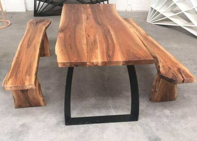 Live Edge Walnut Dining Table With Benches, Steel Base, Made in Italy - image 1