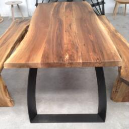 Live Edge Walnut Dining Table With Benches, Steel Base, Made in Italy - thumbnail 3