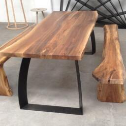 Live Edge Walnut Dining Table With Benches, Steel Base, Made in Italy - thumbnail 2