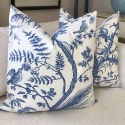Brunschwig & Fils Bird Thistle in Blue White Pillow Cover - thumbnail 3