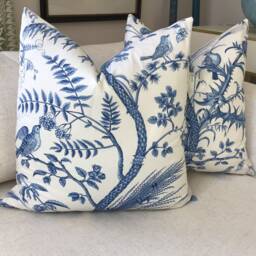 Brunschwig & Fils Bird Thistle in Blue White Pillow Cover - thumbnail 2