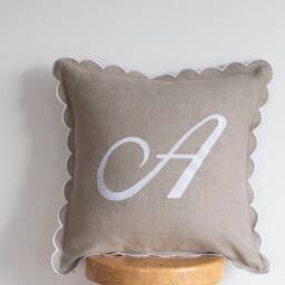 Scalloped Edge Linen Pillow Cover With Big Embroidered Letter S - 16x16 Inches - thumbnail 3