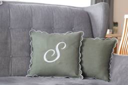 Scalloped Edge Linen Pillow Cover With Big Embroidered Letter S - 16x16 Inches - thumbnail 1