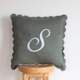 Scalloped Edge Linen Pillow Cover With Big Embroidered Letter S - 16x16 Inches - thumbnail 2