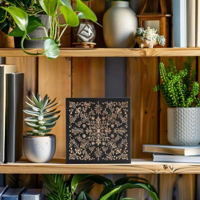 French Country Tile 2 Mini Engraved Wood Panel - Block Print Carved Home Decor, Woodcut Boho Floral Gift, Antique Wrought Iron Wall Art - image 1