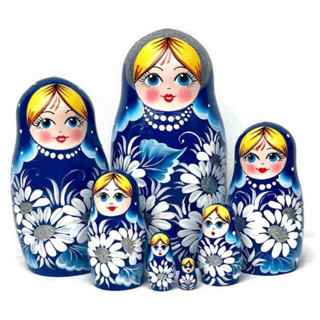 Handmade Christmas Nesting Dolls Chamomile Babushka, Silver Glitter - 7-Piece Set - image 1