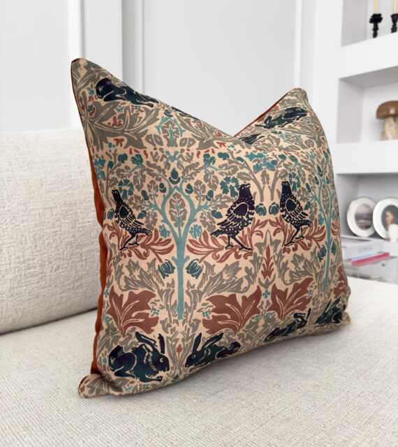 William Morris Cushion Cover Brother Rabbit With Terracotta Velvet Back All Sizes - image 1