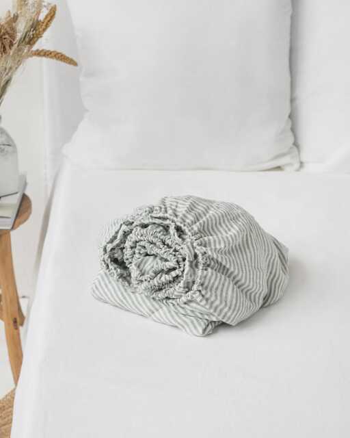 Forest Green Striped Linen Fitted Sheet - Stonewashed European Flax Deep Pocket Option Breathable Cooling Eco Friendly Bedding - image 1