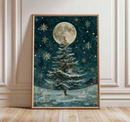Christmas Tree Poster, Illustration Style Holiday Wall Art, Moonlit Winter Decor, Gold & Teal Festive Print, Artwork - thumbnail 1