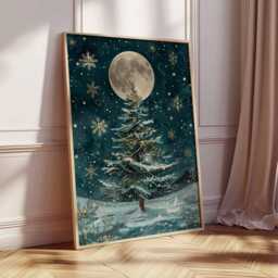 Christmas Tree Poster, Illustration Style Holiday Wall Art, Moonlit Winter Decor, Gold & Teal Festive Print, Artwork - thumbnail 2