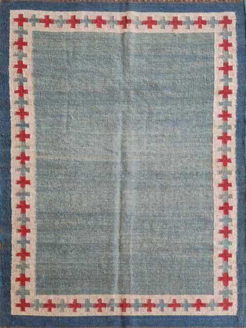 Handwoven Wool & Jute Flatweave Rug With Tribal Border - Blue, Sage & Red Accents - image 1