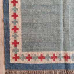 Handwoven Wool & Jute Flatweave Rug With Tribal Border - Blue, Sage & Red Accents - thumbnail 3