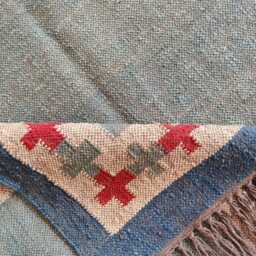 Handwoven Wool & Jute Flatweave Rug With Tribal Border - Blue, Sage & Red Accents - thumbnail 4
