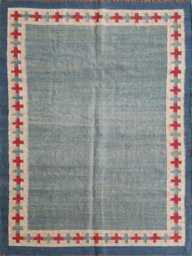 Handwoven Wool & Jute Flatweave Rug With Tribal Border - Blue, Sage & Red Accents - thumbnail 1
