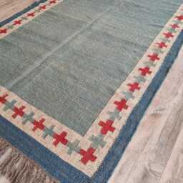 Handwoven Wool & Jute Flatweave Rug With Tribal Border - Blue, Sage & Red Accents - thumbnail 2