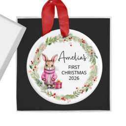 Personalised 2026 Christmas Ornament With Name, Custom Xmas Bauble, Kids Decoration, Blue Or Pink Rabbit, Holiday Hanging Decor - thumbnail 2