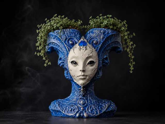 Alien Jester Planter - Blue Cast Stone Plant Pot, Sci Fi Decor, Handmade UK - image 1