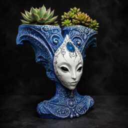Alien Jester Planter - Blue Cast Stone Plant Pot, Sci Fi Decor, Handmade UK - thumbnail 3
