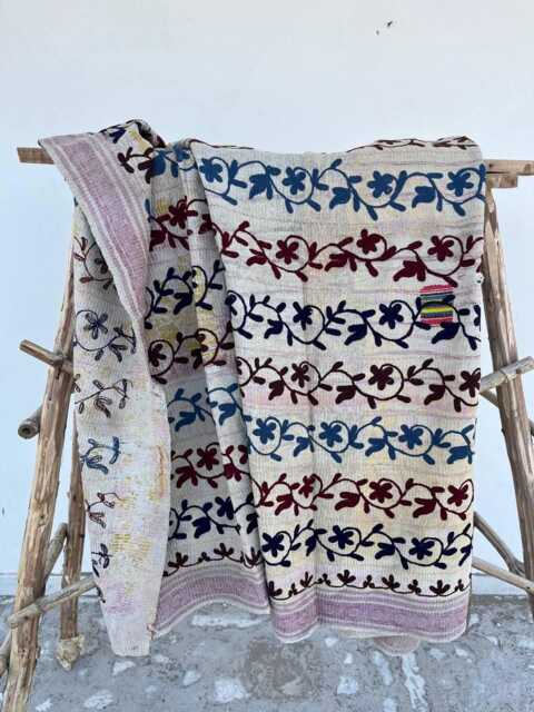 Luxury Vintage Suzani Kantha Quilt Handcrafted Cotton Sari Patchwork Reversible Boho Bedding Throw - image 1