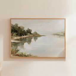 Forest Lake Poster, Green Landscape Wall Art, Water Reflection Print - thumbnail 1