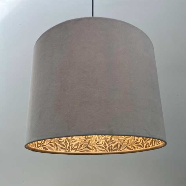 Cream Velvet Drum Lampshade, With William Morris Natural Willow Cotton Interior, Double-Sided Ceiling Light Shade - image 1