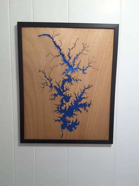 Lake Norman Mahogany Wood Cutout Sparkling Blue Water, Personalized Home Location - image 1