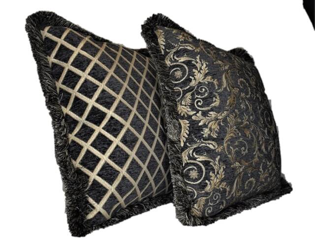 Embroidered Grey Gold Leaf Chenille Fringe Pillow For Sofa Or Chair Hand Made in Usa - image 1