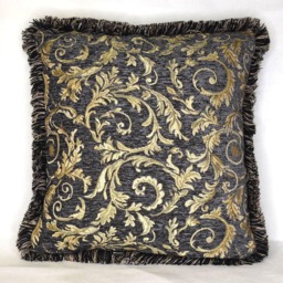Embroidered Grey Gold Leaf Chenille Fringe Pillow For Sofa Or Chair Hand Made in Usa - thumbnail 2