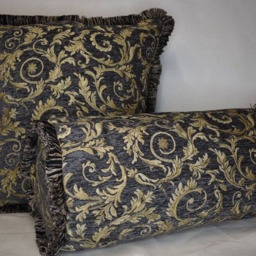 Embroidered Grey Gold Leaf Chenille Fringe Pillow For Sofa Or Chair Hand Made in Usa - thumbnail 3