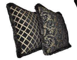Embroidered Grey Gold Leaf Chenille Fringe Pillow For Sofa Or Chair Hand Made in Usa - thumbnail 1