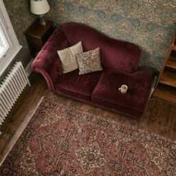 Burgundy Velvet Loveseat Vintage Style, English Cottage Sofa Rolled Arm, Handmade Traditional Living Room Furniture Custom - thumbnail 3