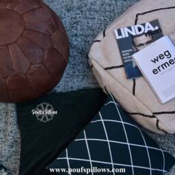Premium Xl Scandinavian Leather Pouf - Brown Chocolate Delivered Stuffed Ottoman, Floor Cushion - thumbnail 4
