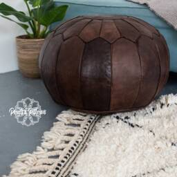 Premium Xl Scandinavian Leather Pouf - Brown Chocolate Delivered Stuffed Ottoman, Floor Cushion - thumbnail 3