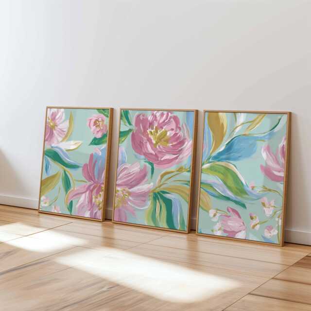 Pastel Floral Wall Art Set Of 3, Abstract Botanical Prints, Modern Flower in Pink & Blue For Bedroom Or Living Room Decor - image 1