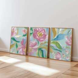 Pastel Floral Wall Art Set Of 3, Abstract Botanical Prints, Modern Flower in Pink & Blue For Bedroom Or Living Room Decor - thumbnail 1
