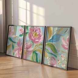 Pastel Floral Wall Art Set Of 3, Abstract Botanical Prints, Modern Flower in Pink & Blue For Bedroom Or Living Room Decor - thumbnail 2