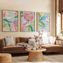 Pastel Floral Wall Art Set Of 3, Abstract Botanical Prints, Modern Flower in Pink & Blue For Bedroom Or Living Room Decor - thumbnail 3