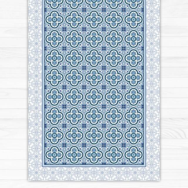 Blue Vinyl Floor Mat, Area Rug, Linoleum Printed PVC Carpet With Floral Tiles. Art Mat - image 1