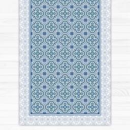 Blue Vinyl Floor Mat, Area Rug, Linoleum Printed PVC Carpet With Floral Tiles. Art Mat